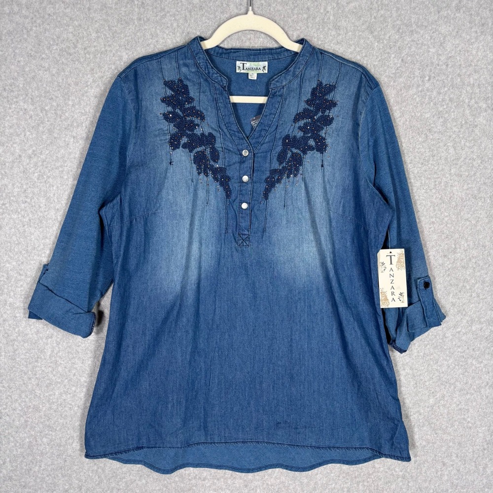 NEW Tanzara Chambray Embroidered‎ Tunic Top XL Beaded Cotton Flowy Boho Cottage